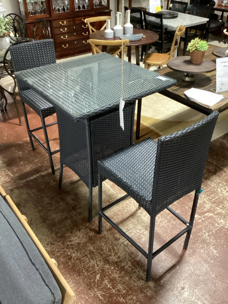 Outdoor 3 piece wicker pub table, glass top & 2 stools