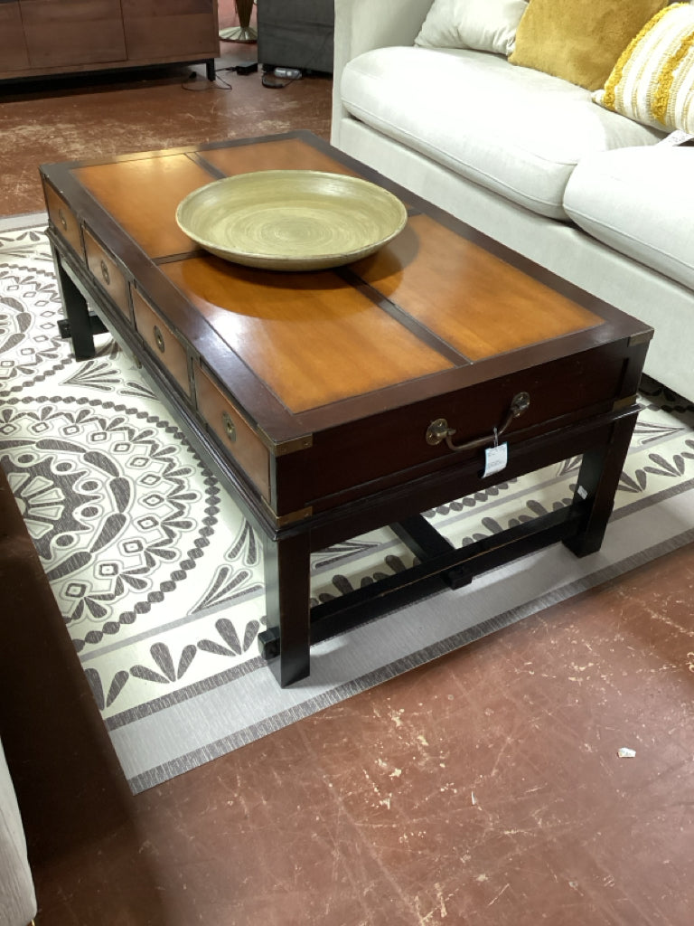 Eight Drawer Military Campaign Coffee Table in Honey 44.25" x 27" x 17.75"