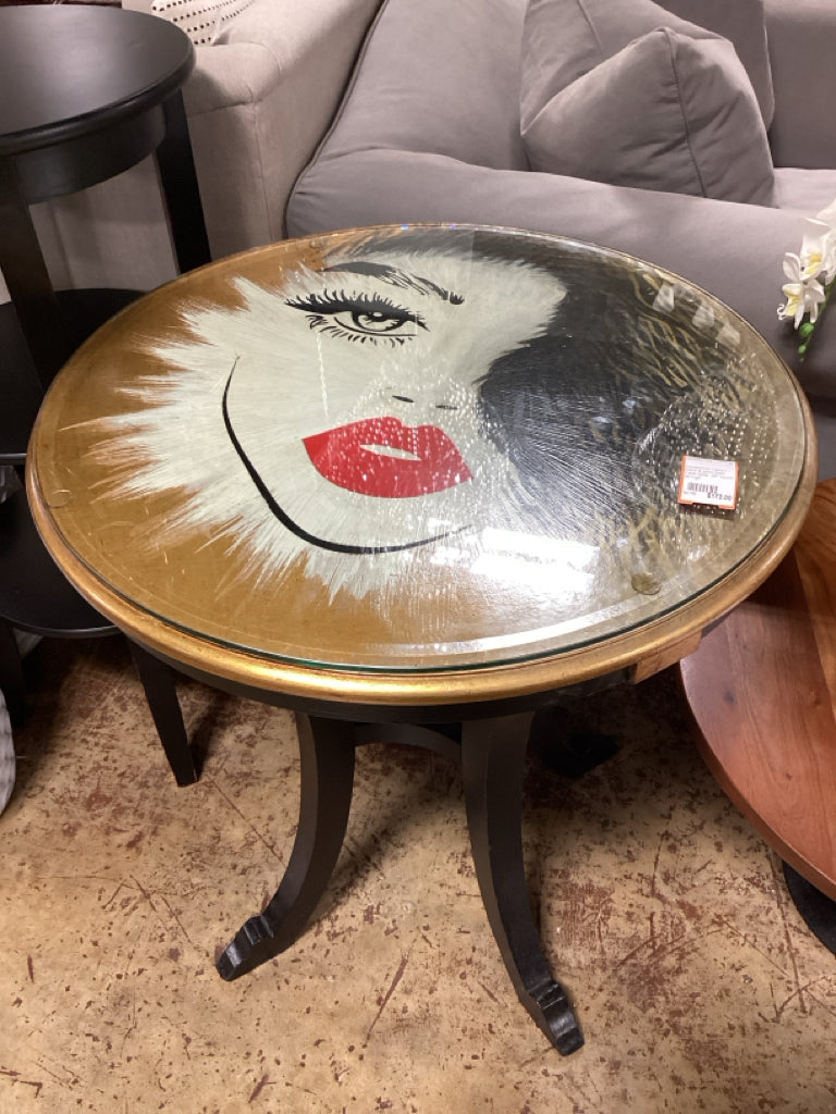 Occasional Table / black & gold Glam Face table  26" round 30 high