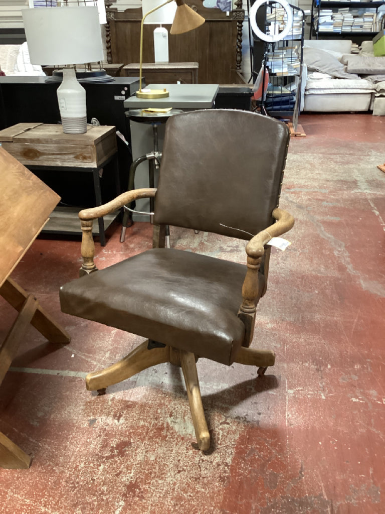 1920's Office Chair/ oak & brown leather  AS IS