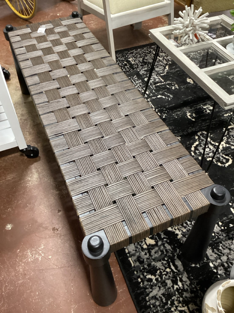 Bench/ woven wicker bench / brown 59 x 18 x 18 AS FOUND