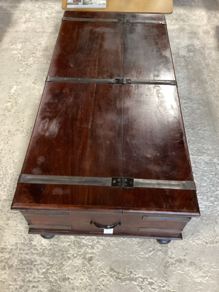 Rustic  Mahogany Trunk Coffee Table with iron accents /  58 x 27 x 18