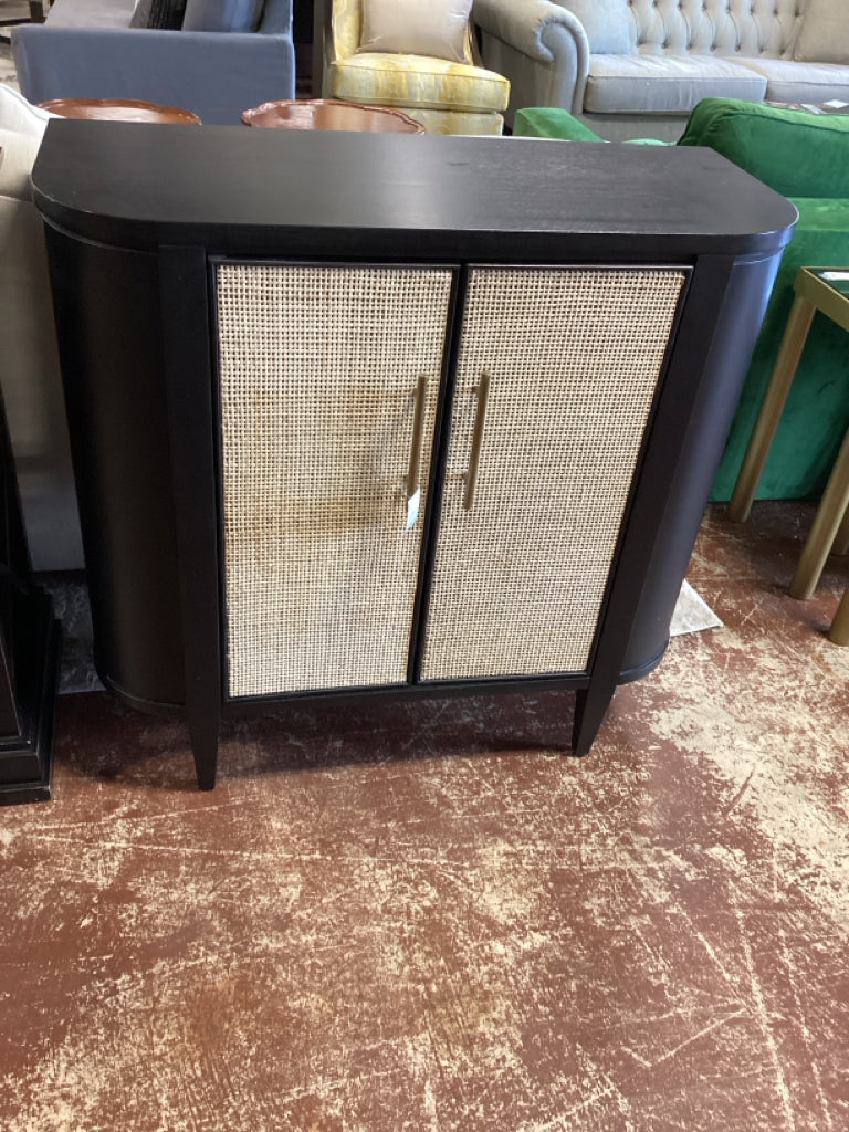 Hooker Cabinet / black curved front 2 door w/ cane accent /38 x 16 x 36