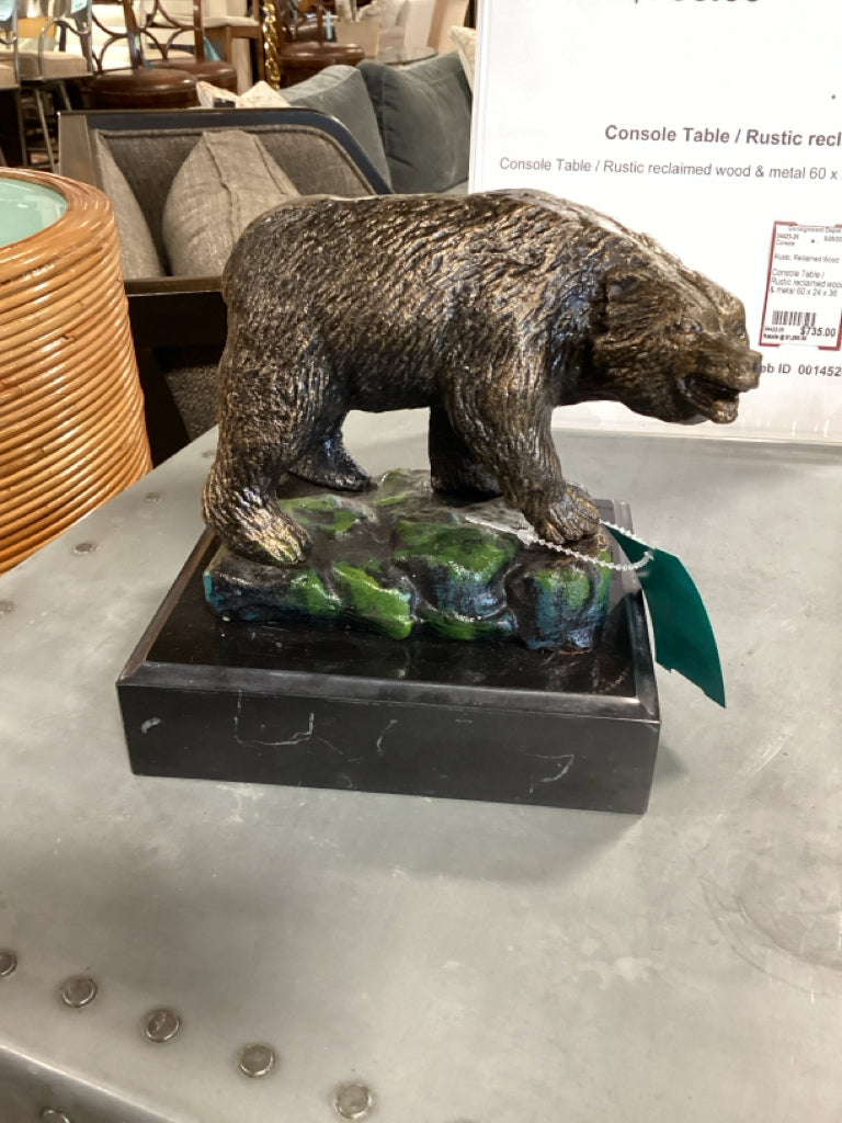 Decorative Bear Sculpture Antique Bronze Finish with Black Pediestal Base