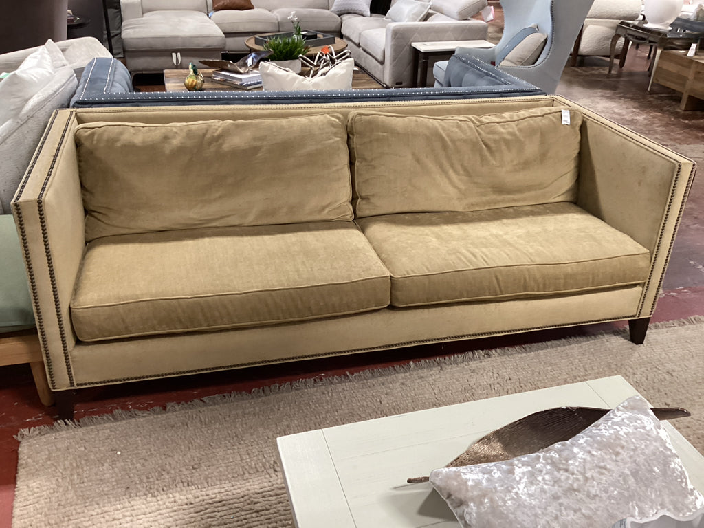 Mitchel Gold Tuxedo  style camel Sofa with nail head trim / 85 x 36 x29.5 high