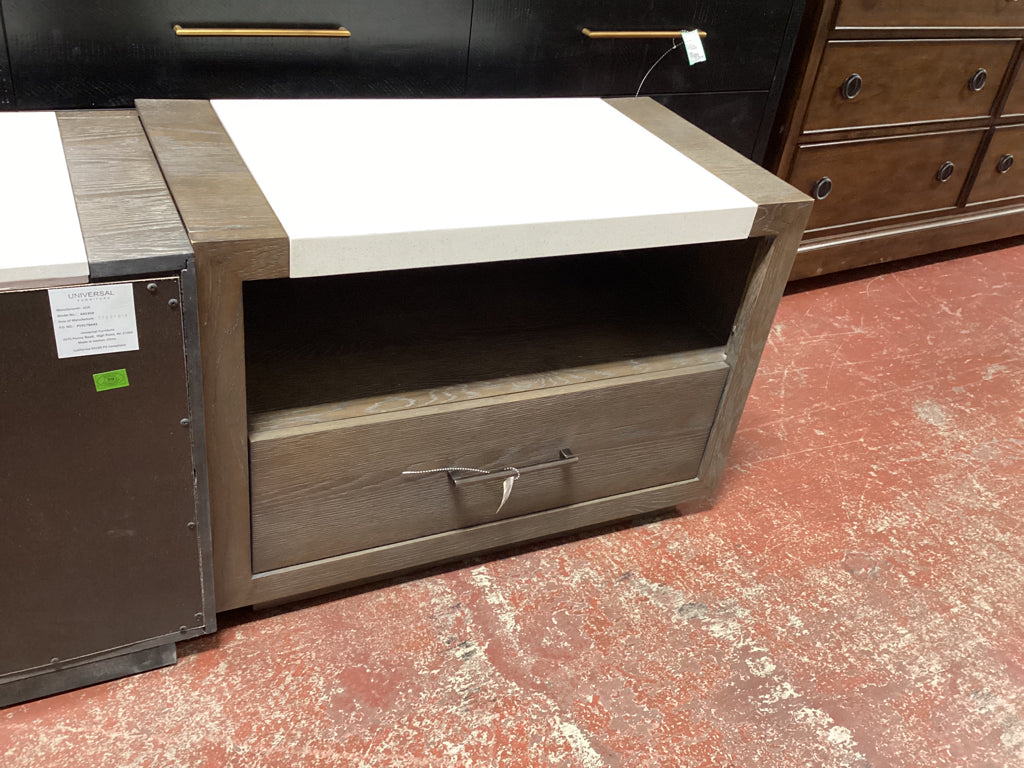 Universal Furniture Wilshire nightstand, dark brown w/stone accent top; 34x18x24