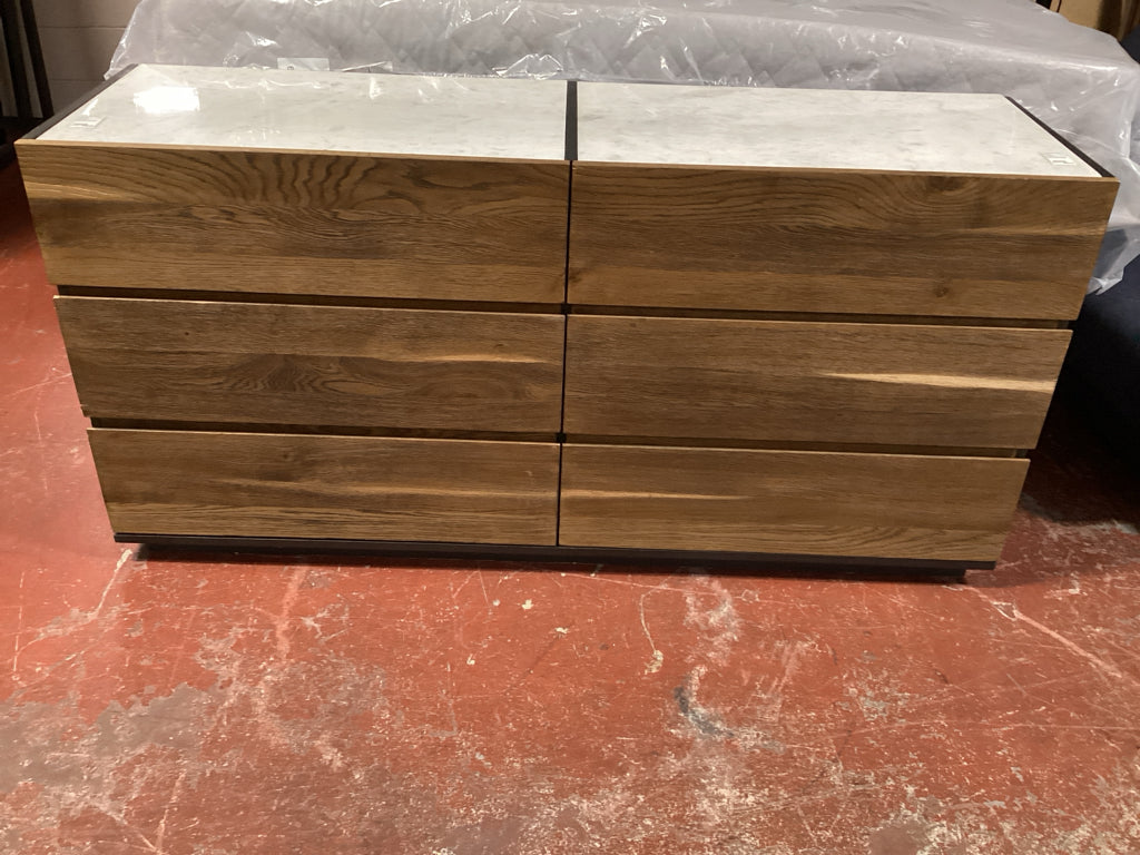 Four Hands Holland Walnut & Metal 6 Drawer Dresser with Marble Top 65" X19"