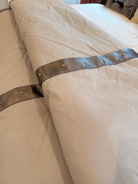 Eastern Accents King White Linen, Grey Leather Trim Comforter and 2 Pillows