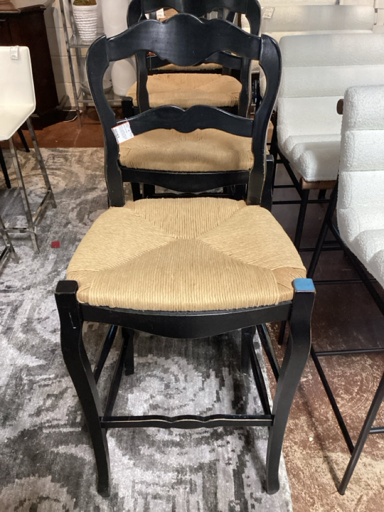 Black Ladder Back Barstool w/ Rush Seat 20x18x30 (PAIR) AS FOUND