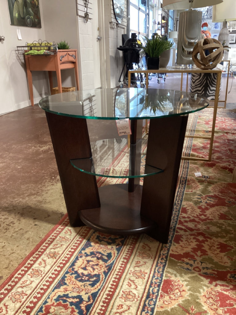 Four Point Round Glass Top End Table  in Dark Wood  28" X 22"