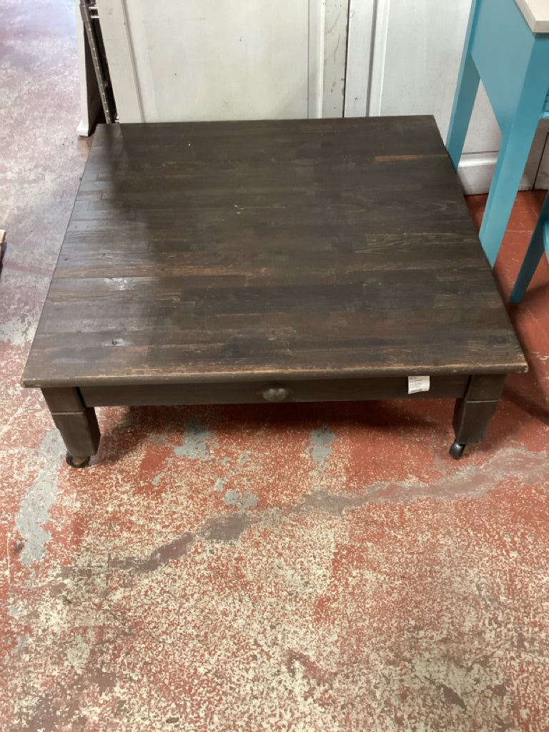 Rustic Dark Brown Square Coffee Table on Casters w/ 2 Drawers 36x36x13
