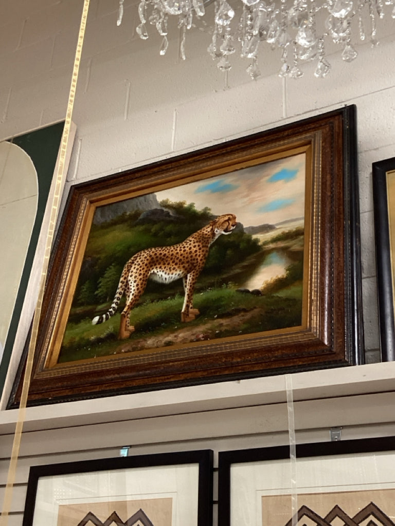 Ornate Wood-tone Gold Framed Cheetah Wildlife Landscape Art 42" X 35" (AS FOUND)