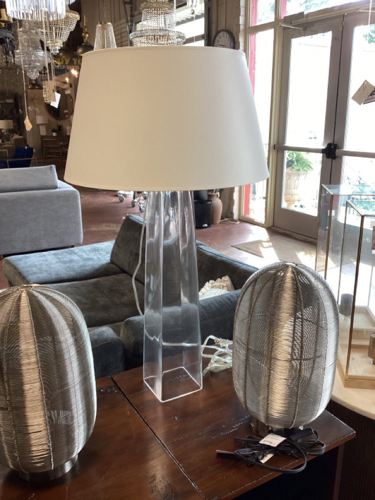 Glass obelisk table lamps  cream shades / 33" high
