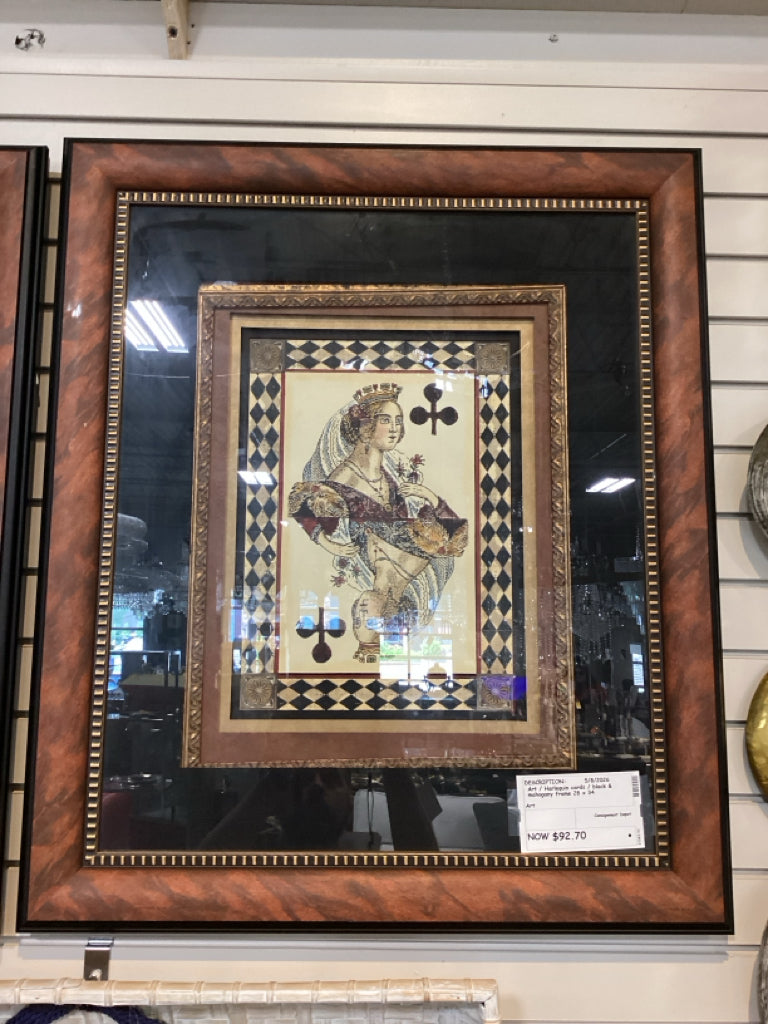 Art / Harlequin cards / black & mahogany frame 28 x 34