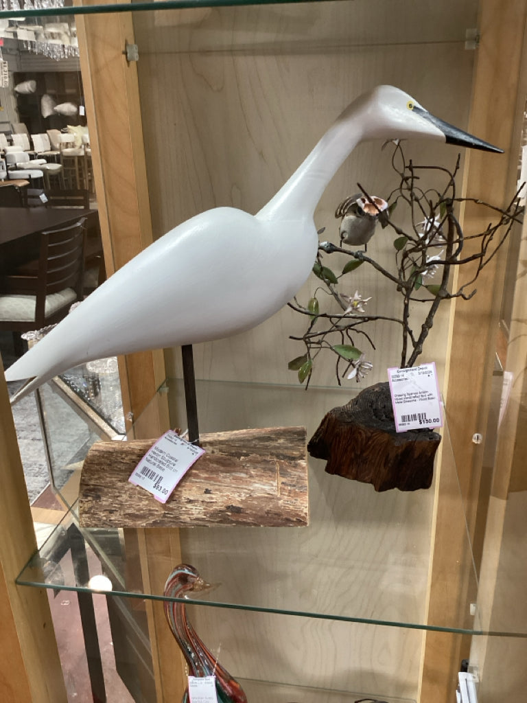 Modern Coastal Heron Sculpture Handcrated Bird on Natural Base