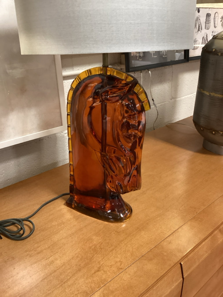 Pooky Whinny Table Lamp in Amber Resin w/ 14" Drum Shade in Pewter Dupion Silk 2