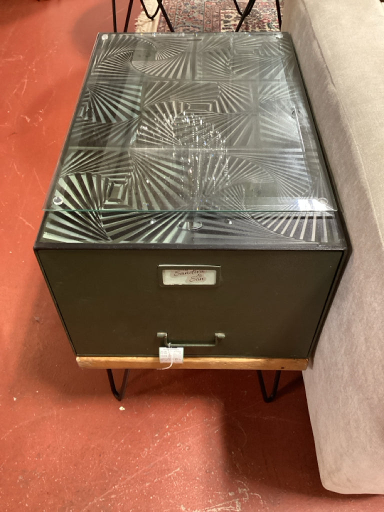 Industrial metal End Table / 1 drawer / hairpin legs, glass top 16w x 24d x 21 h