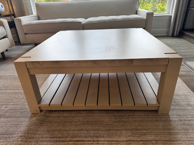 Light wood coffee table with pallet base shelf; 40x40x17   As Found