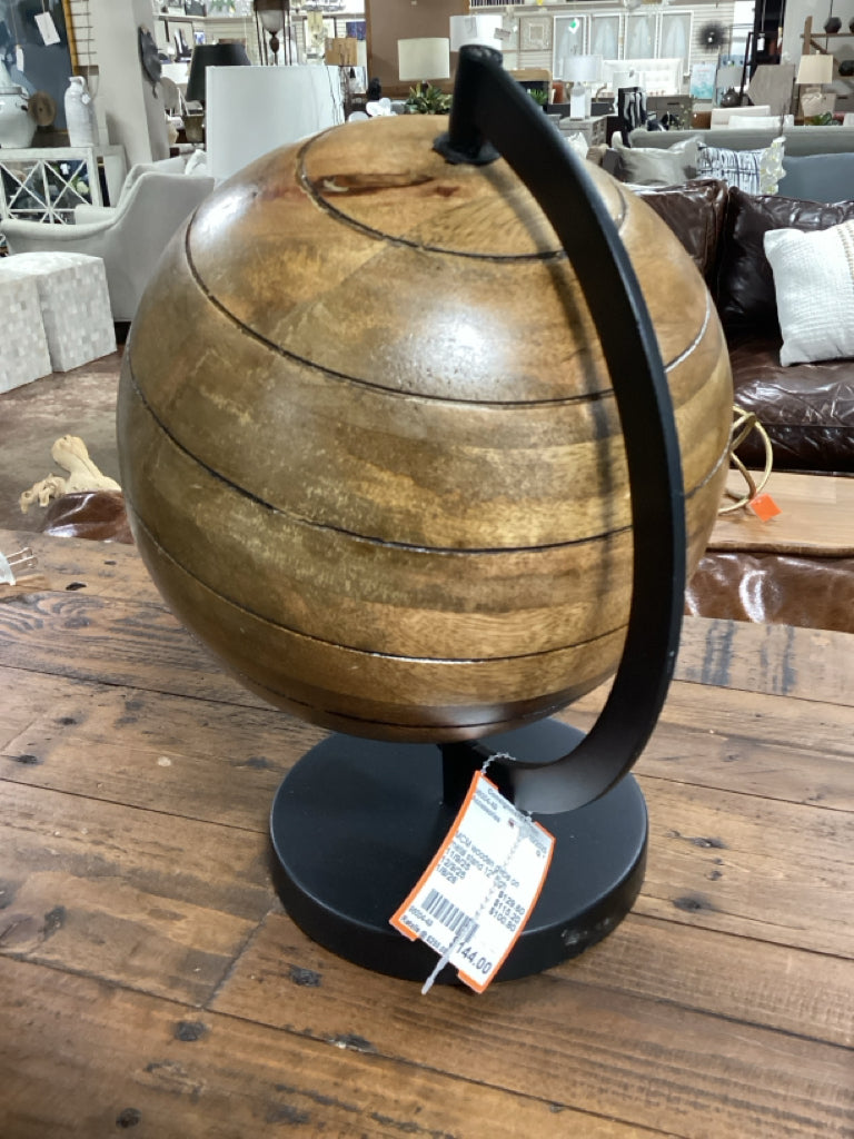 MCM wooden globe on metal stand 12" high