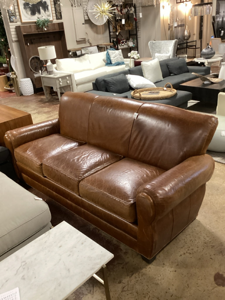 Sofa / Mitchell Gold brown distressed leather 3 cushion sofa 84 x 38 x 34 high