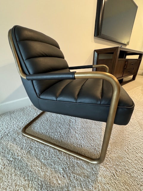 Sunpan Lincoln Lounge Chair, black channel leather with bronze base; 26.5x28x30