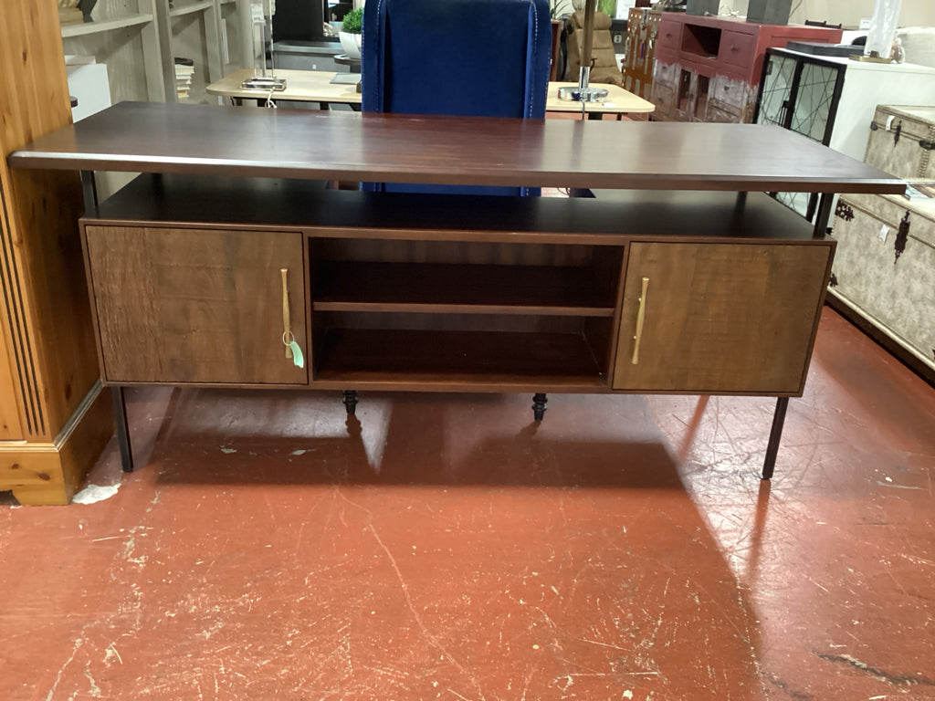 Modern Double-Sided Executive Desk - Walnut Finish with Brass-tone Pulls