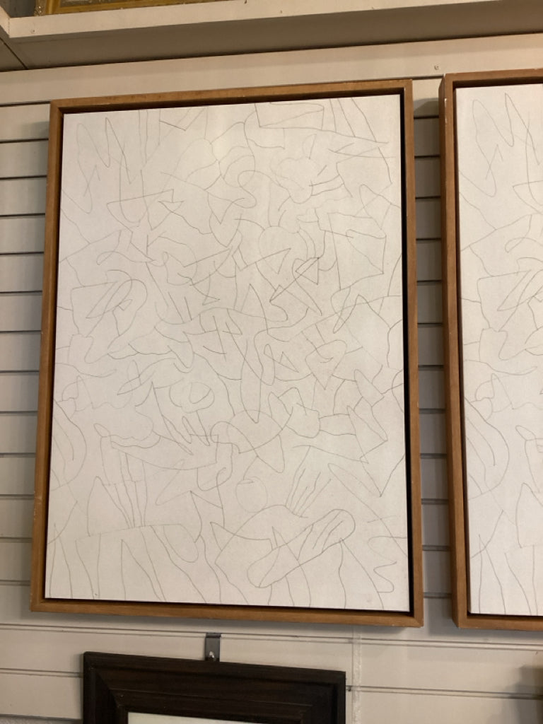 Art / black scribbles on white canvas / birchwood frame 26 x 36