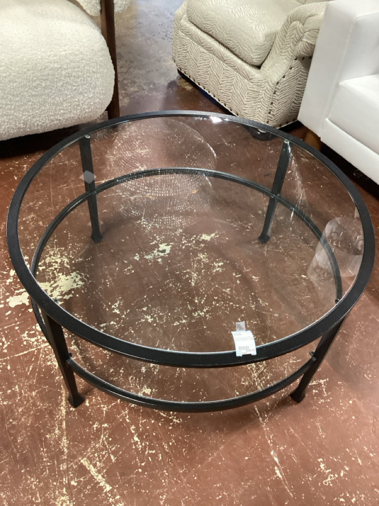 Pottery Barn Round 2 Shelf Glass Top Coffee Table w Black Hammered Wrought Iron