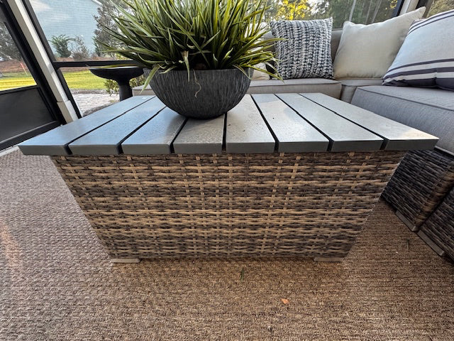 Outdoor wicker coffee table w/ metal top; brown; 34x32