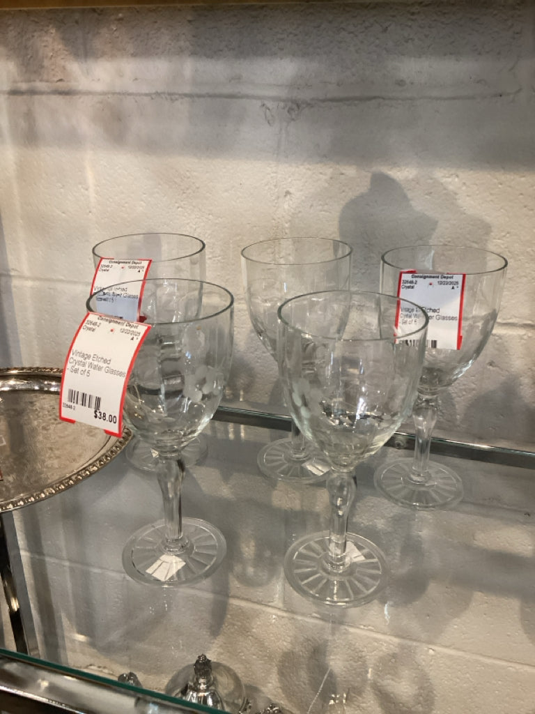 Vintage Etched Crystal Water Glasses - Set of 5