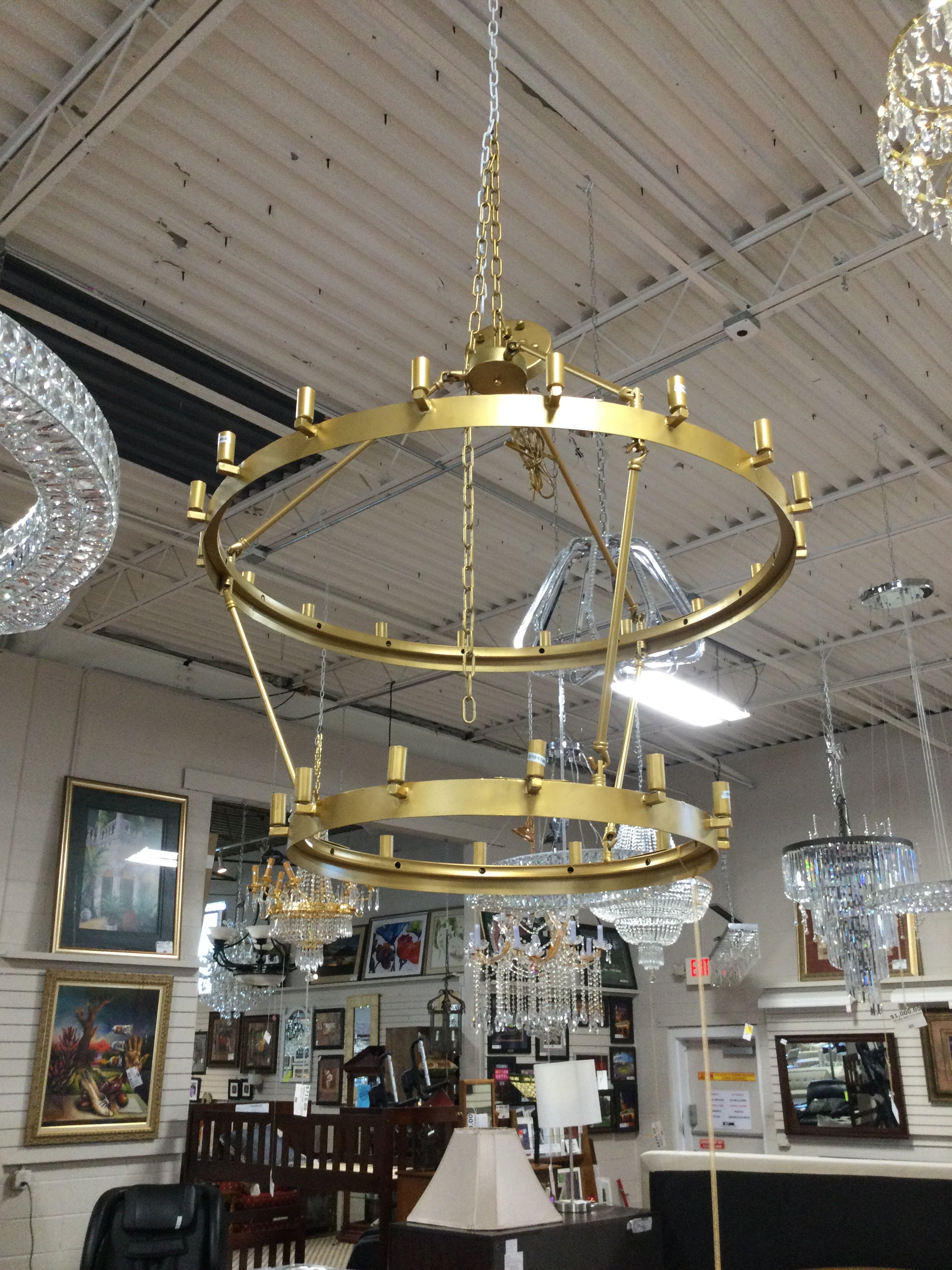 Double Gold Circle Chandelier H 34 W 36 Lights 30