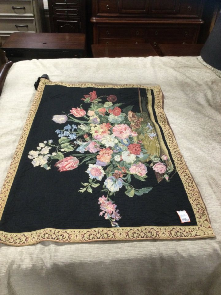 Tapestry - Flower Basket on Black Backround - 58"W x 37"H