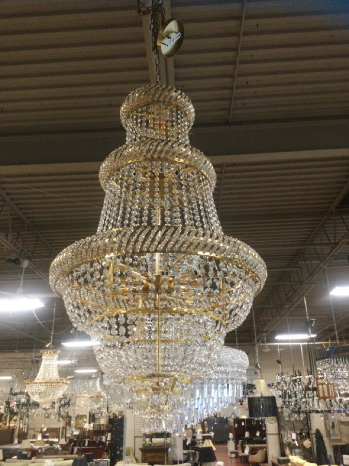3 Tier Gold And Crystal Chandelier 52" H 30" W