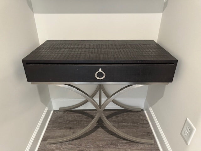 Dark Faux Wood Accent Table  with Pewter Base 36x18x31h