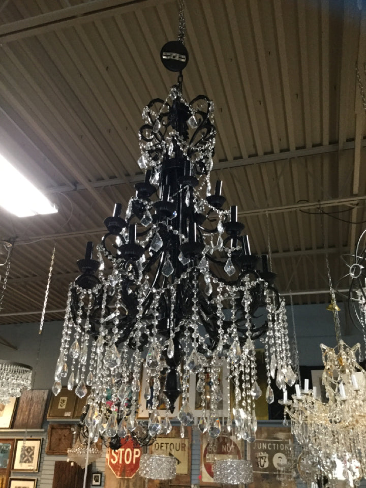 Black Metal and Crystal 3 Tiered Chandelier - 53"T 28"W