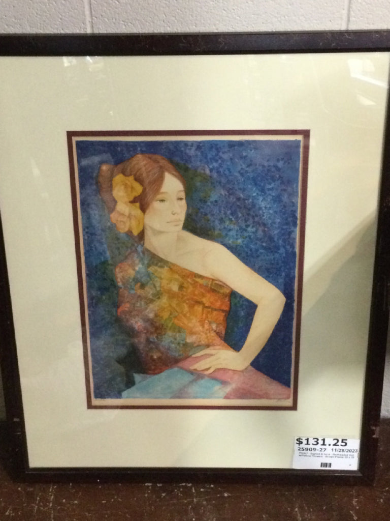 PRINT - Signed & No'd - Redheaded Girl w/Yellow Flowers - Brown Frame 29 x 35