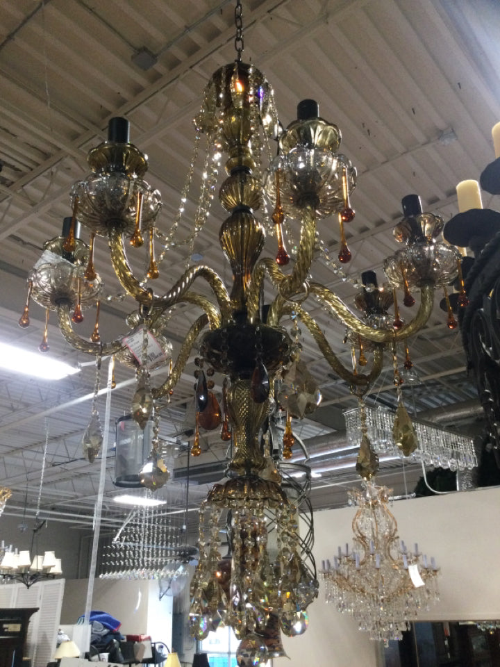 Gold and Brown Crystal 6 Light Chandelier - 40H x 28W