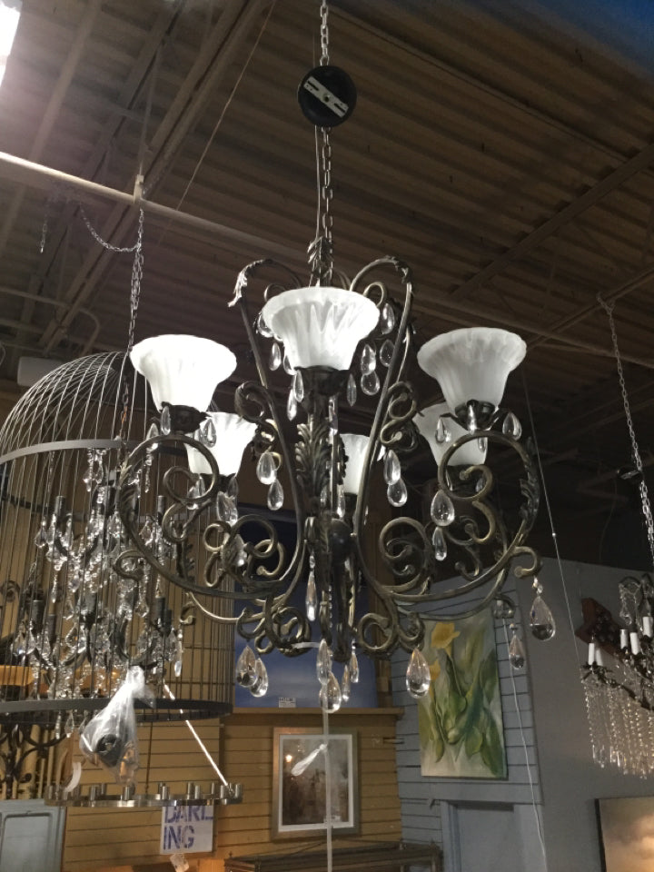 Metal and Crystal 6 Light Chandelier w/Frosted Glass Shades -31"H 29"W