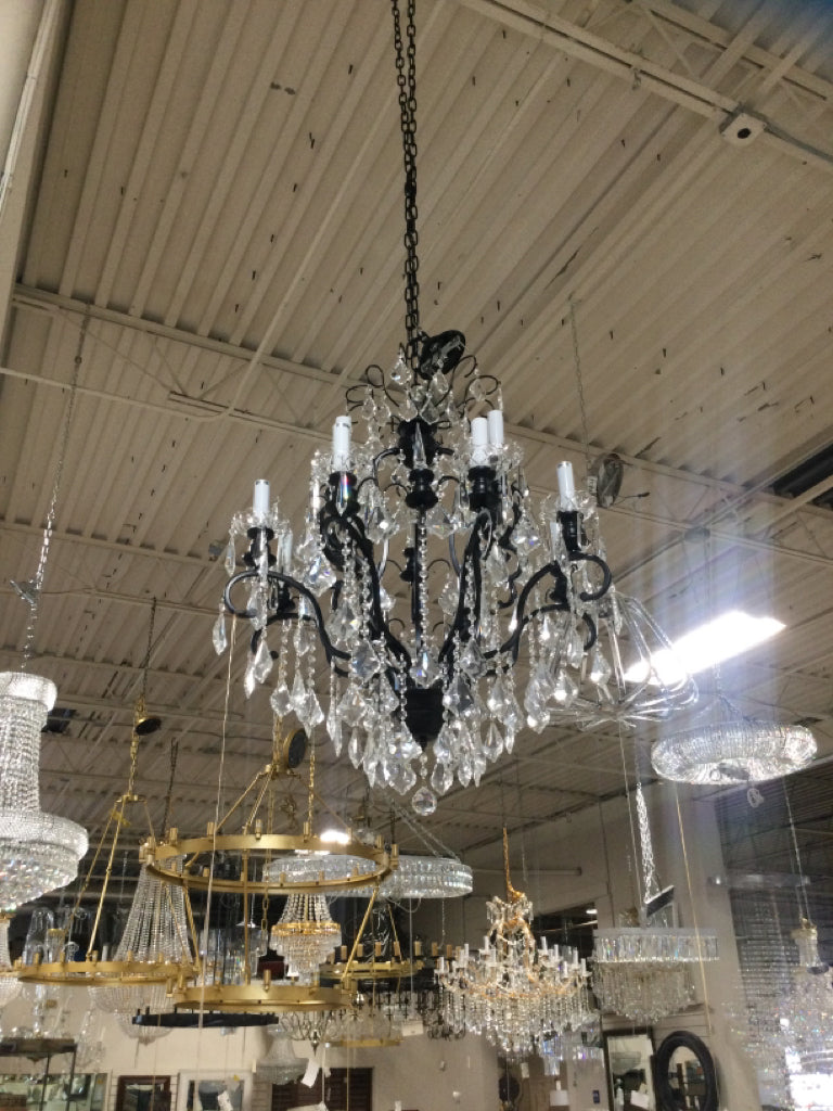 Black Metal and Clear Crystal 12 Light Chandelier- 27"W x 34"H