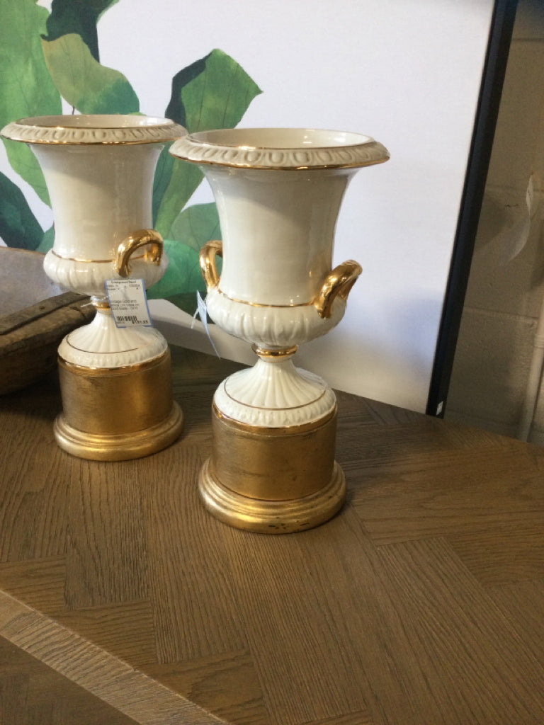 Vintage Gold and White Urn Vase on Gold Base - 14"H