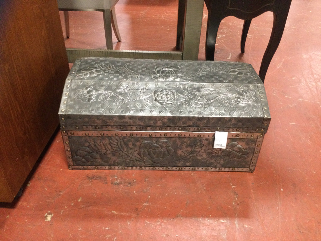 Trunk / embossed metal & wood silver storage trunk 26.5 x 16.5 x 12" high