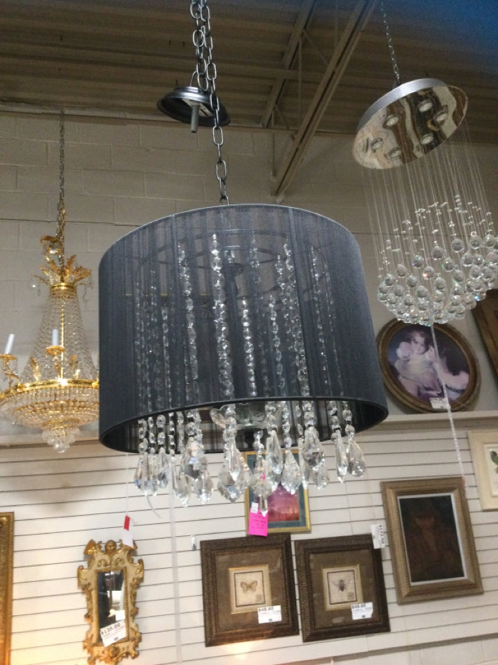 Chandelier/Raindrop Crystals with Sheer Drum Shade 3 light 12 x 12