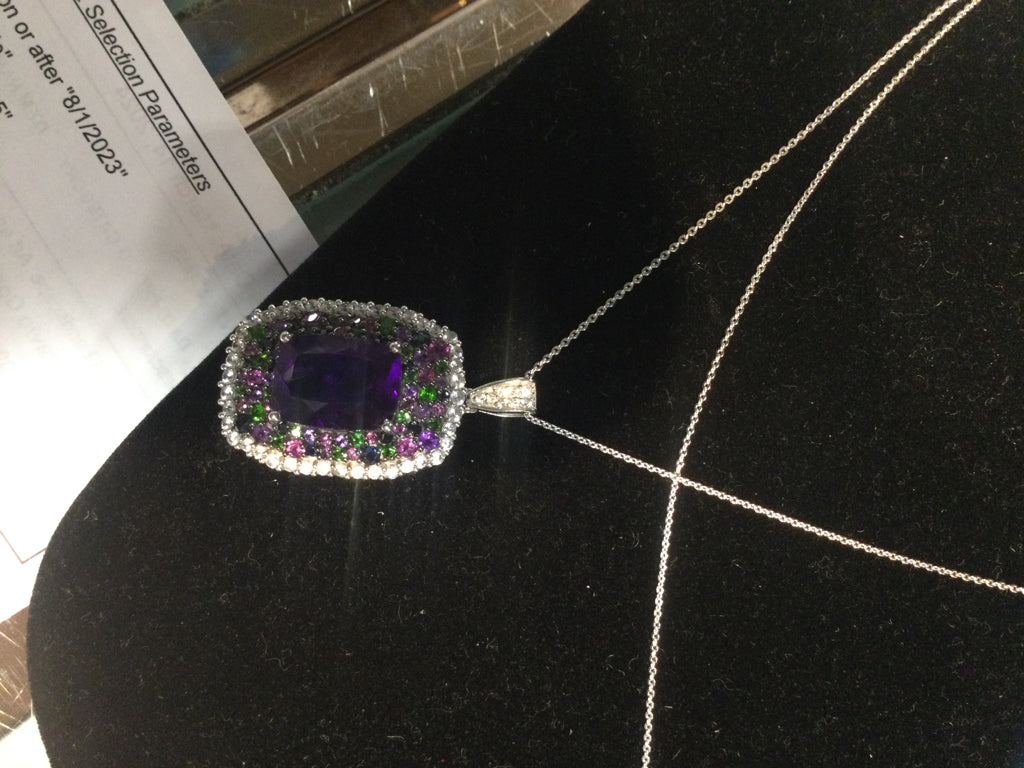 Amethyst and Diamond Pendant with Sterling Silver Chain