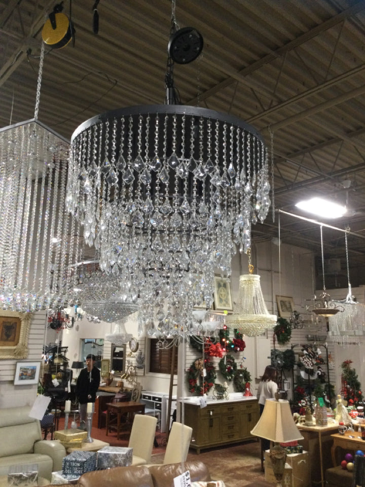 Five Tier Long Crystal 17 Light Chandelier-Black Base - 32 W x 36H