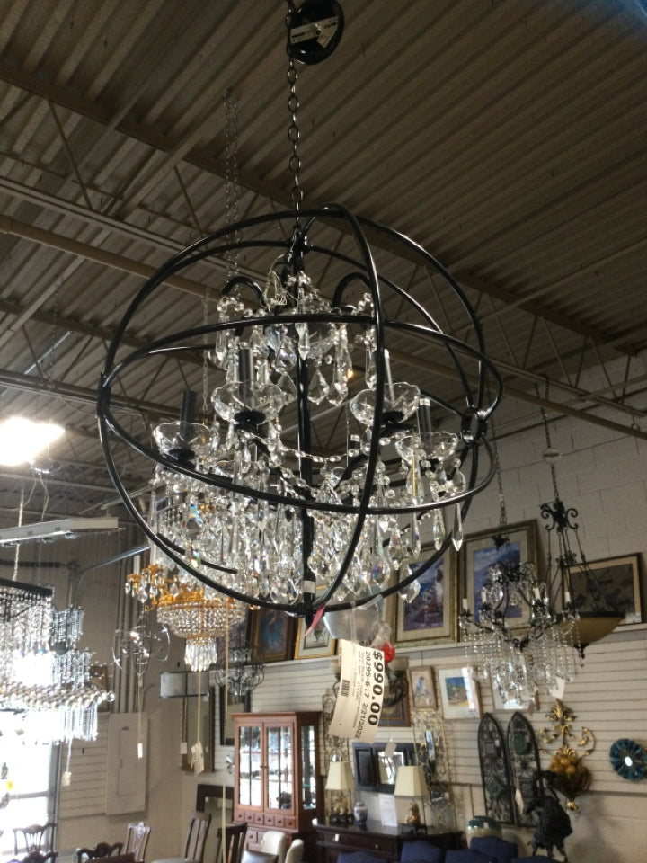 Round Black Wrought Iron w/Crystals and 9 Lights - 26H x 24W