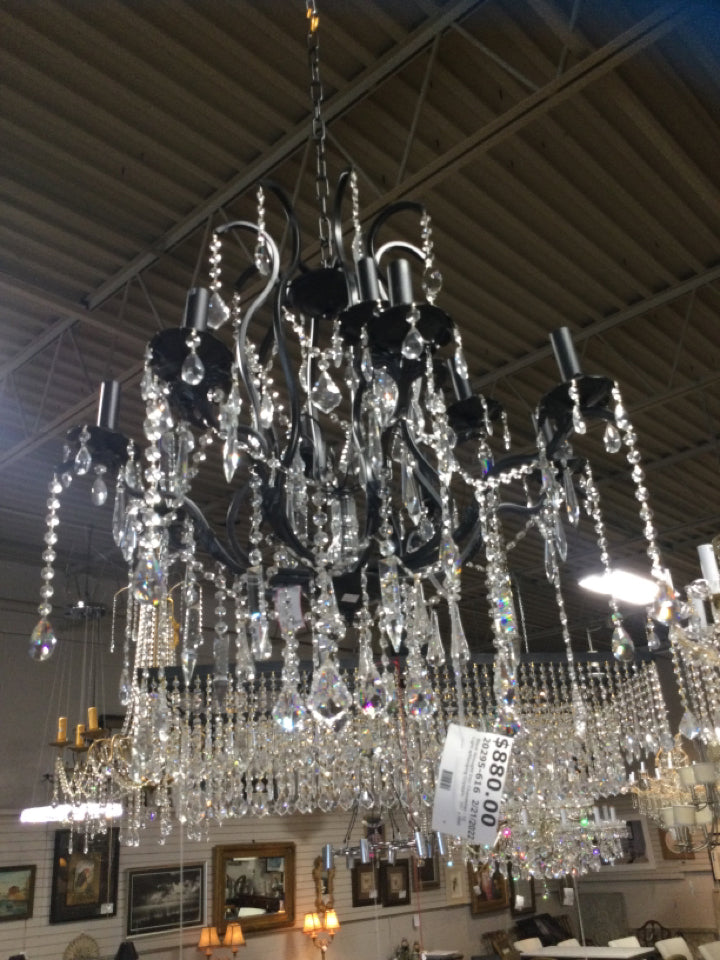 Black Wrought Iron Chandelier - 12 Light w/Hanging Crystals - 26H x 30W