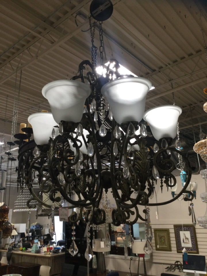 Wrought Iron 6 light Chandelier w/Frosted Shades - 30H x 28W