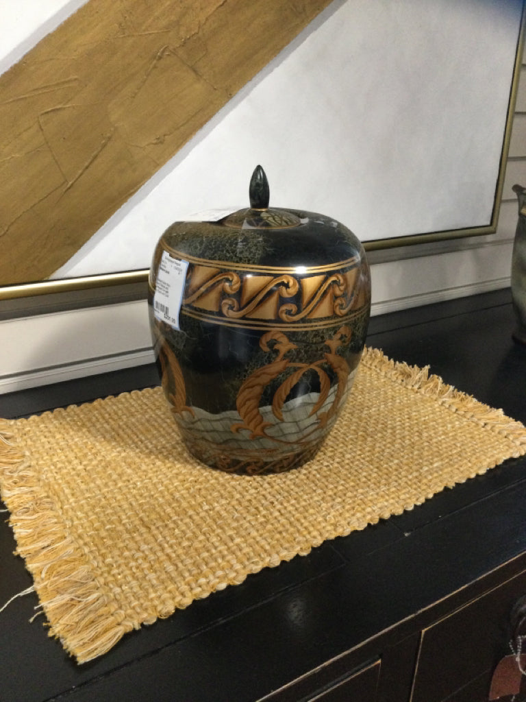 Maitland Smith Rare Hand Painted and numbered Urn with Top Black and Gold