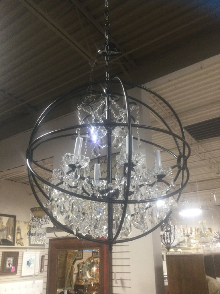 CHANDELIER Black Metal Orb with Crystals 6 lights /  27"Hx24"W #11