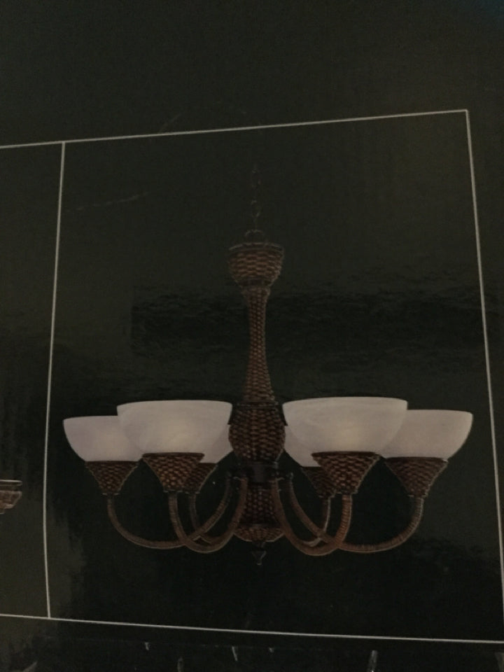 6 Light Chandelier With A Bronze Finish And White Scavo Glass Shades 24"H 30"D